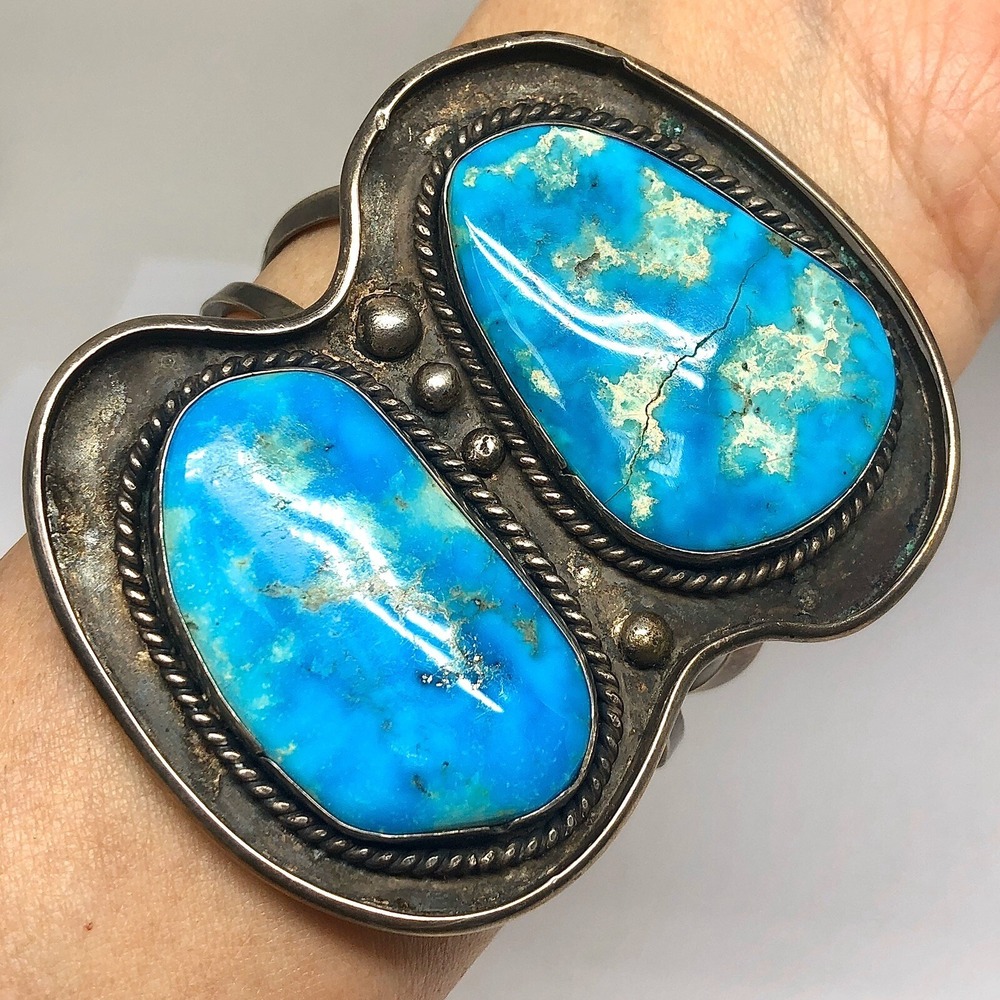 HUGE Navajo Cuff Bracelet Turquoise 86g 6.5in Sterling Signed 1960s VTG Blue WOW